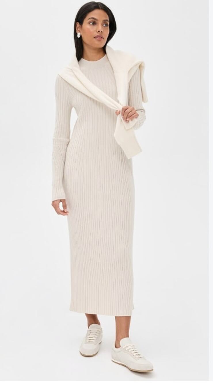 Varley "Axel" Ivory Midi Ribbed Stretch M Dress Transeasonal Minimalist Classic